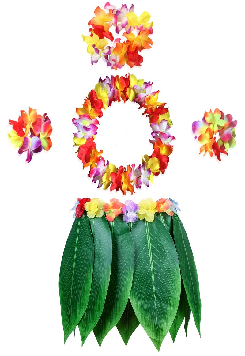 KEFAN Leaf Hula Skirt and Hawaiian Leis Set Grass Skirt with Artificial Hibiscus Flowers for Hula Costume Party (A) - Image 1